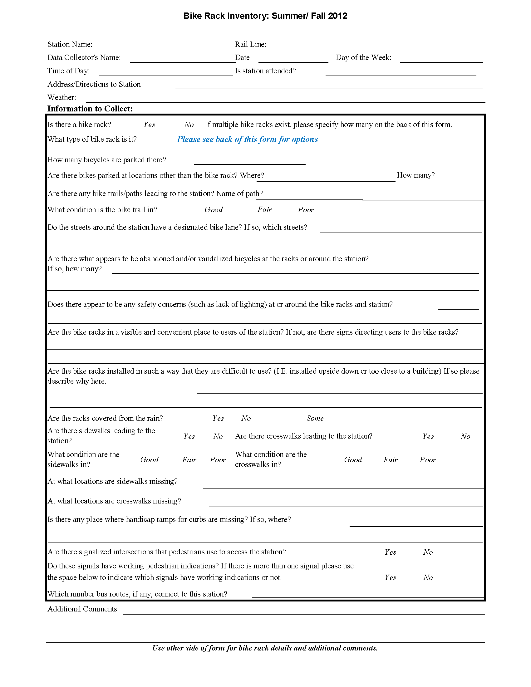 An image of the Bike Rack Inventory survey form. Page 1 of 2.